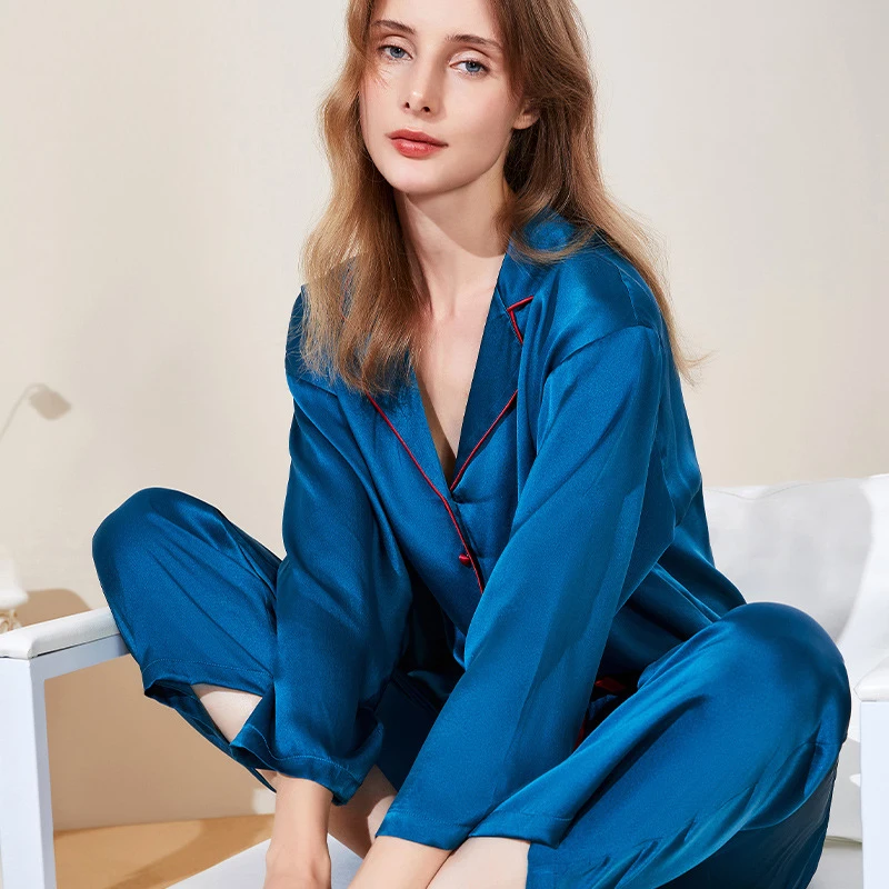 2023 NEW Summer 19mm 100%Silk Pajamas Set Women Silk Homewear Cardigan Sleepwear Red Blue High Quality Clothing