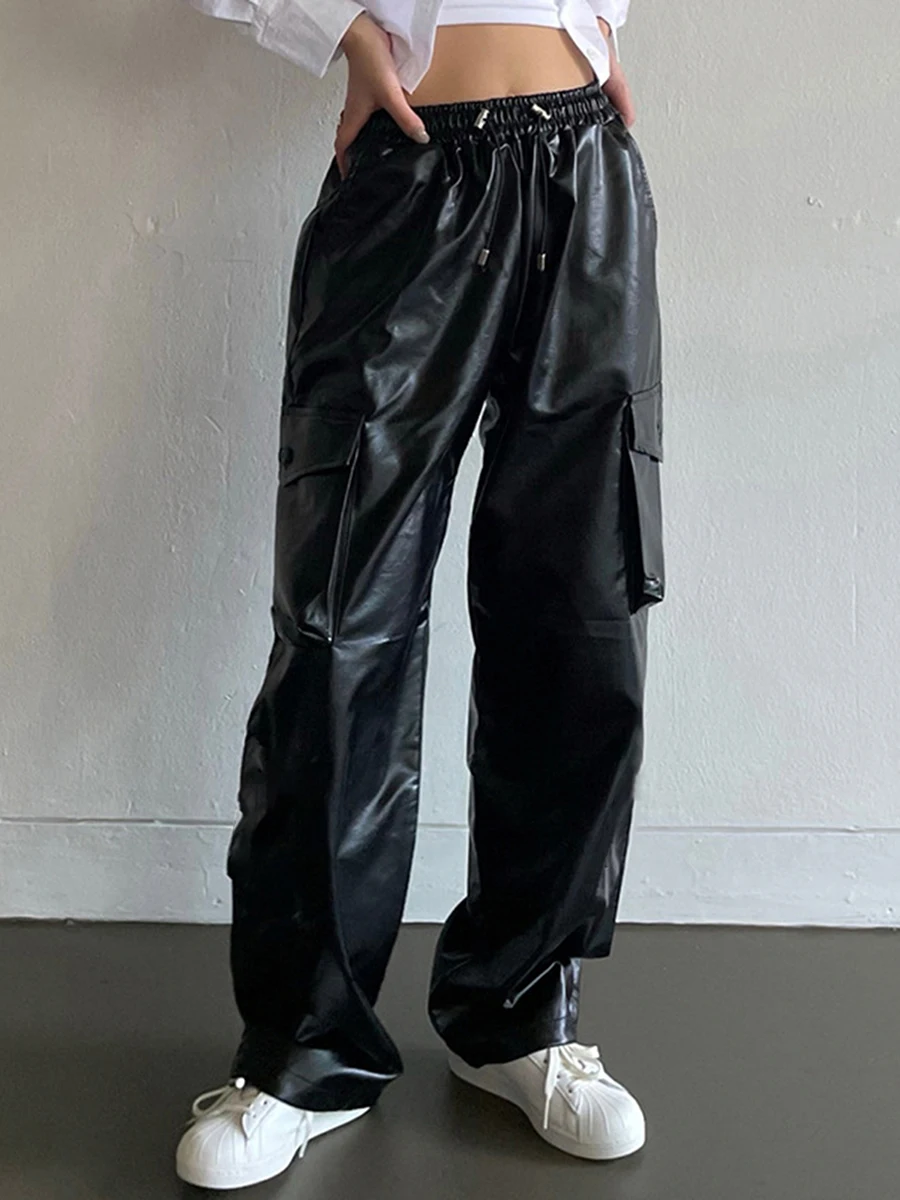 

Women's tooling style large pocket drawstring casual leather pants high waist solid color leather pants