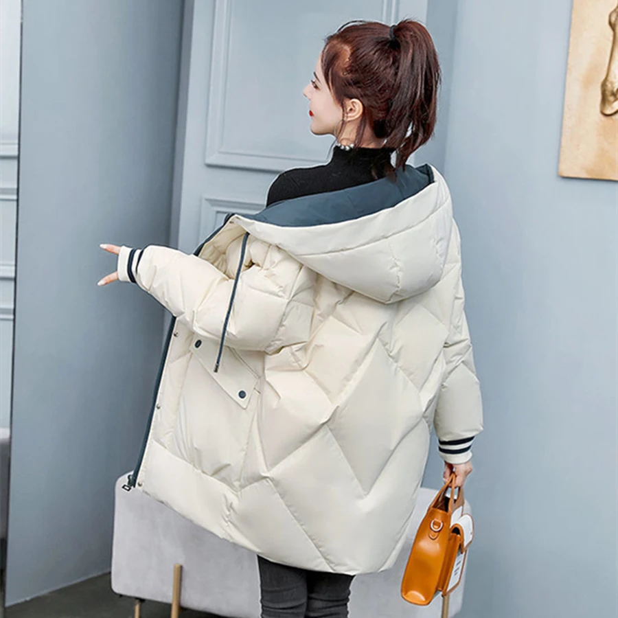 Winter Loose Hooded Cotton Padded Mid-length Coat Women Warm Thick Outwear Top Korean Students Parkas Snow Wear Overcoat Jackets