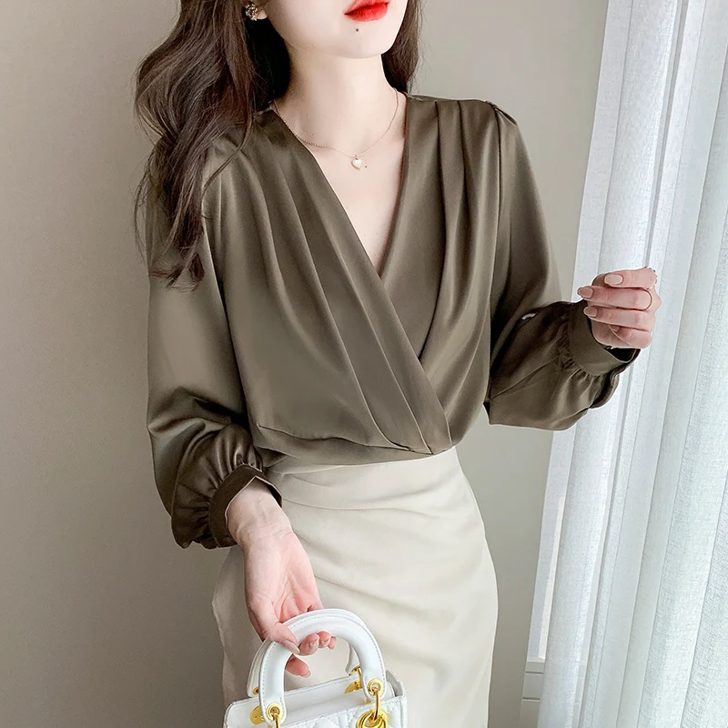 

Autumn Women's Long Sleeved V-neck Vintage Lantern Sleeve Solid Pleated Commuter Satin Chiffon Shirt Blouse Tops Camisas A336