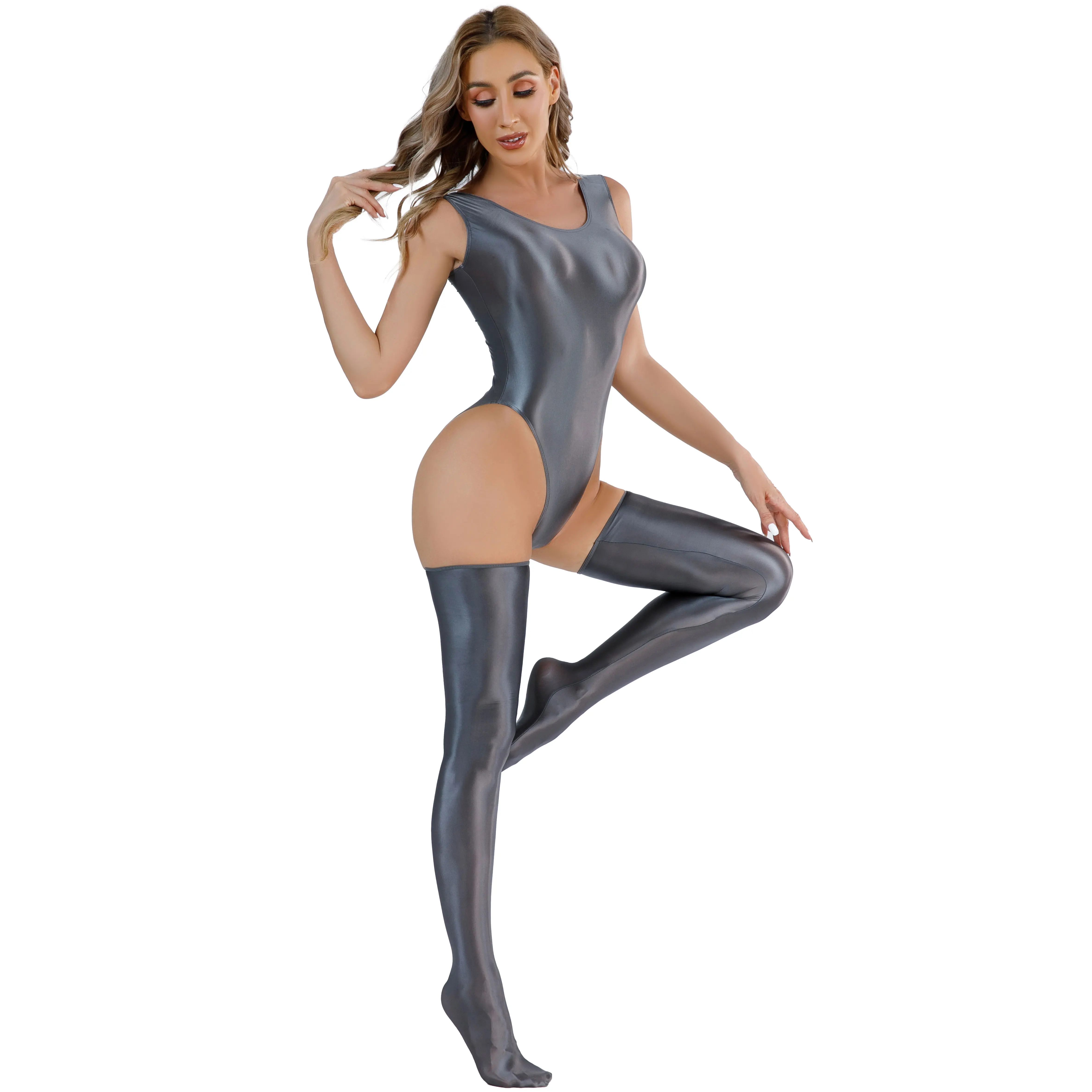 Women Glossy Swimsuit Swimwear Swimming Bodysuit Yoga Fitness Sport Jumpsuit Sleeveless Backless High Cut Leotard with Stockings