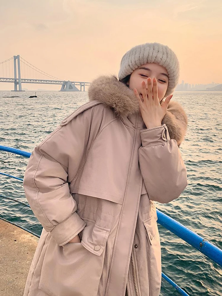 AOSSVIAO Winter Women Long Jacket Large Natural Fur Collar Hooded Parkas 91% White Duck Down Coat Thickness Snow Warm Outwear