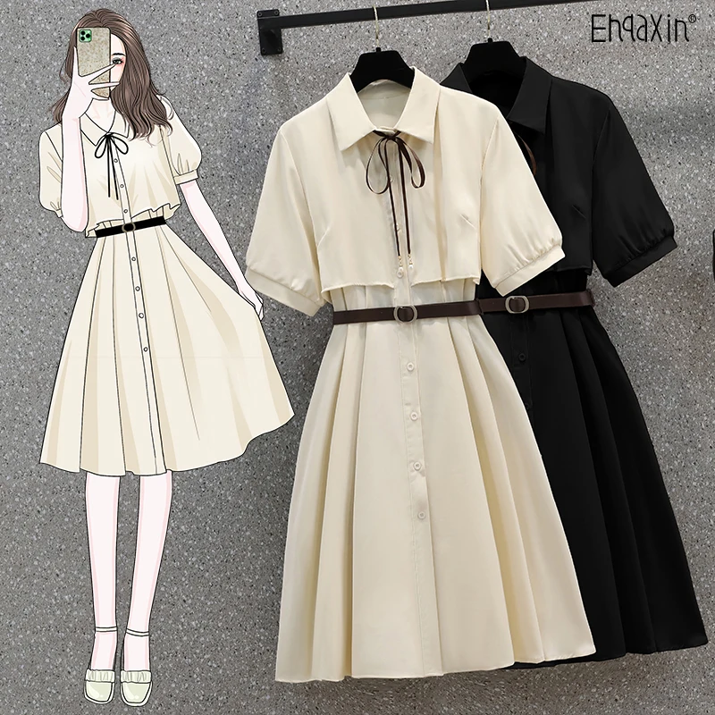

EHQAXIN Summer Ladies Dress Fashion French Retro High Waist Tie Beaded Bow Pleated Cardigan Dress College Style With Belt M-3XL