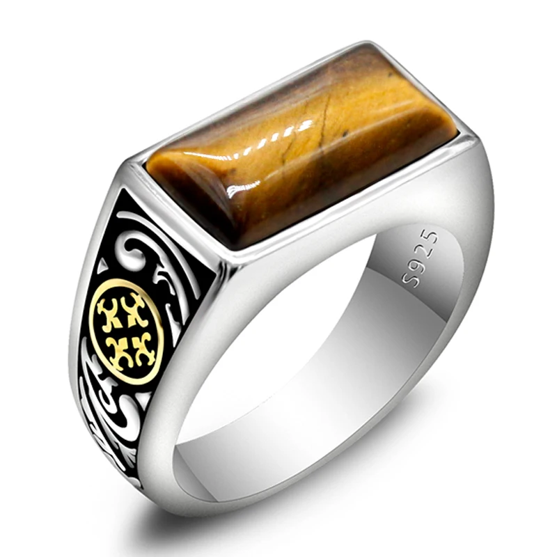 

Кольцо из серебра 925 пробы в винтажном стиле с золотыми монетами, простое мужское квадратное кольцо из натурального тигрового глаза, модные ювелирные украшения на Ближний Восток
