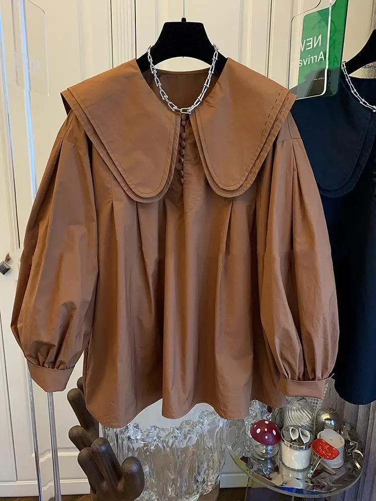 

Plus Size Tops Vintage Kawaii Shirts Doll Collar Long Lantern Sleeve Fashion Blouses 2023 Autumn Women's Cute Clothes Japan Big