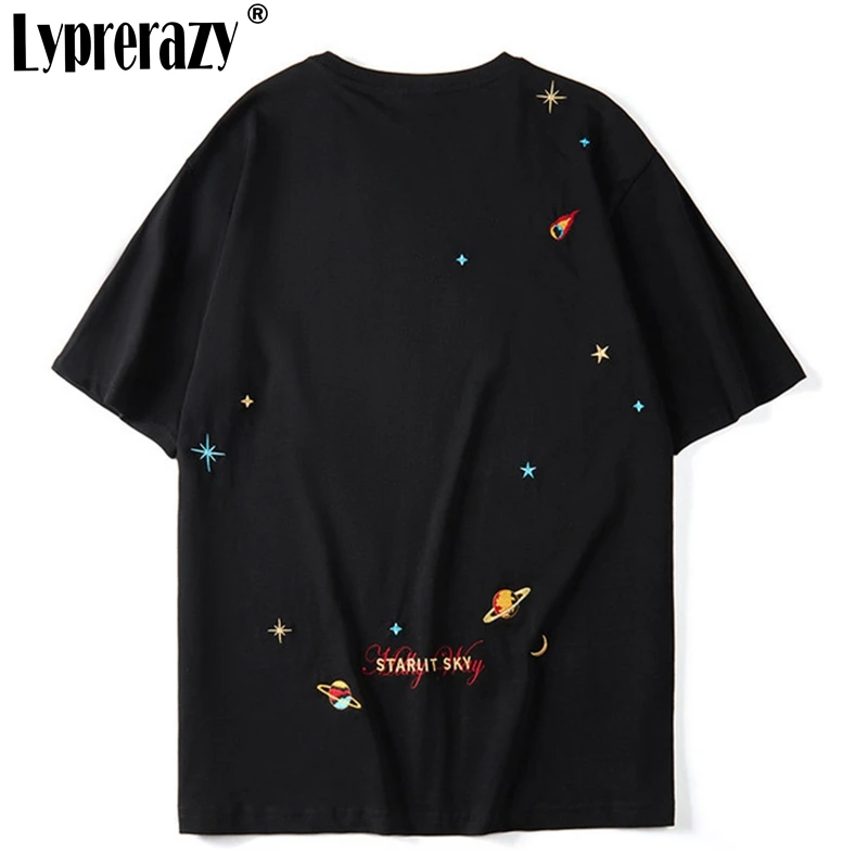 

Lyprerazy Unisex cotton casual men T shirt male starry sky embroidery short sleeve tshirt summer cartoon hip hop loose top tees