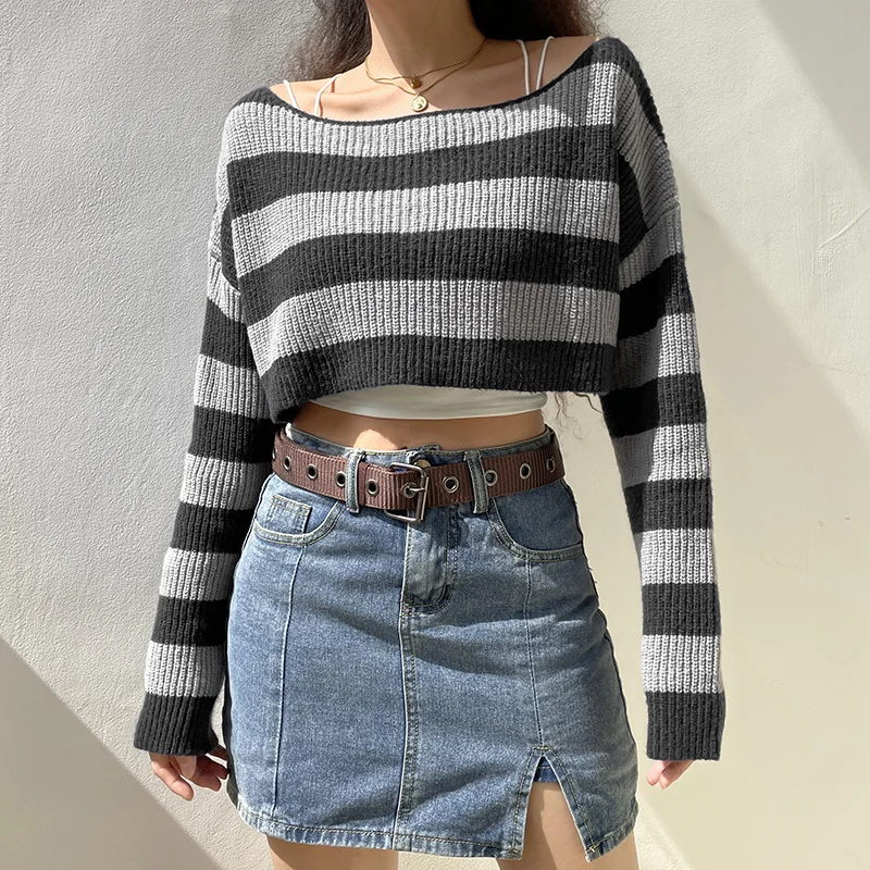 

Women Sweater Autumn Spring Casual Street Style Stripes Pattern Cropped Pullovers Ladies Long Sleeve Off Shoulder Knitwear Tops