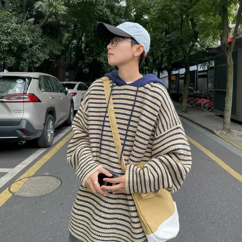 Полосатая вязаная верхняя куртка с капюшоном мужской новый дизайн свободный