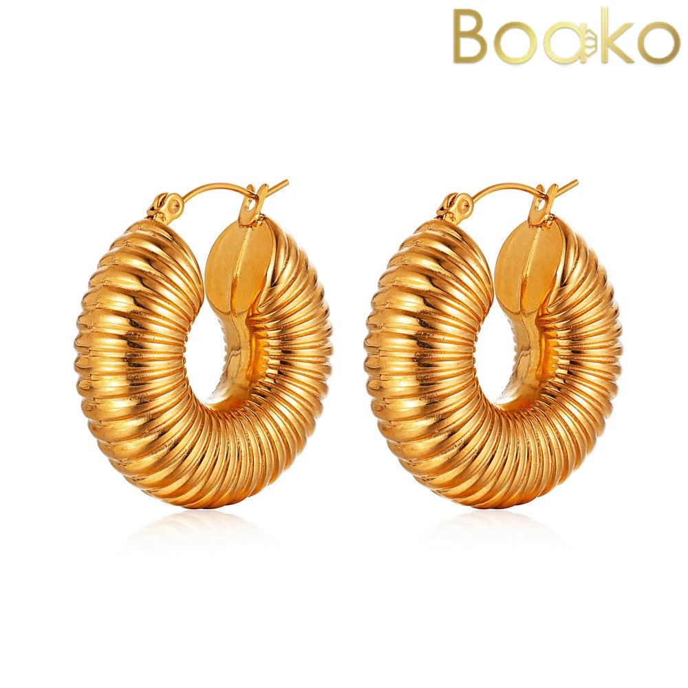 

BOAKO Trendy Round Chunky Hoop Earrings Gold Stainless Steel Bijoux Jewlery Metal 18K Gold Plated No-Fade Ear Studs Waterproof