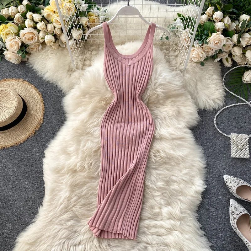 

Summer Women's Casual Knitted Midi Tank Dress Fashion Simple Solid Color V-Neck Bodycon Pit Strip Sexy Sling Bag Hip Skirt