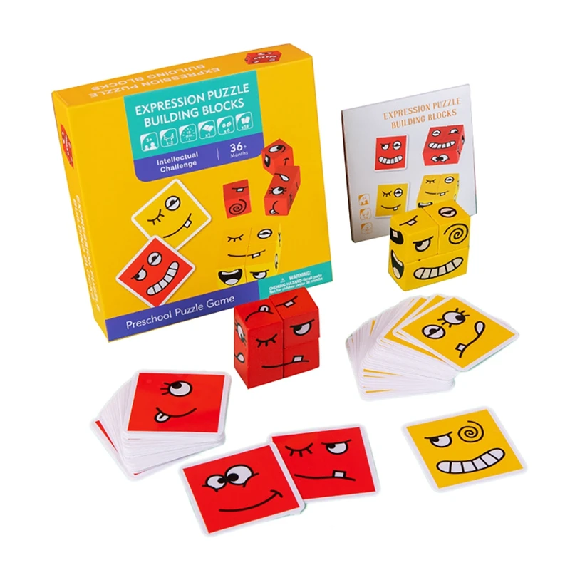 

Wooden Expressions Matching Block Puzzles Face-Changing Square Building Parent-Child Board Games Educational Toys