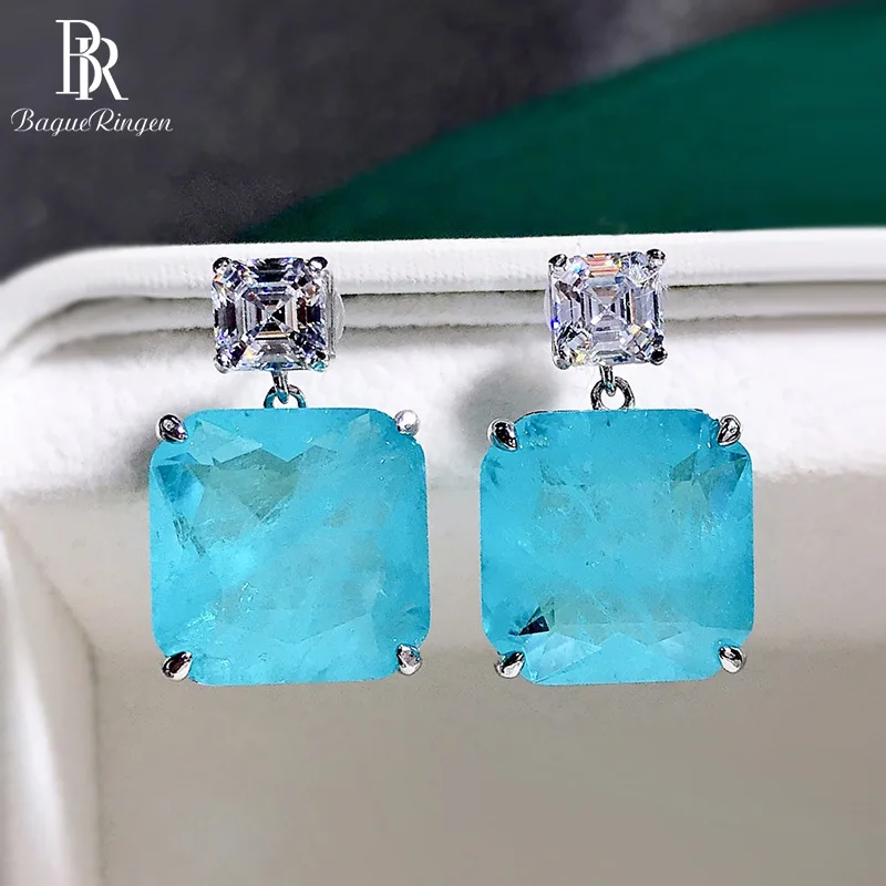 

Bague Ringen 925 Sterling Silver Paraiba Drop Earrings Simple 15*15mm Square Blue Gemstone Wedding Anniversary Jewelry Gifts