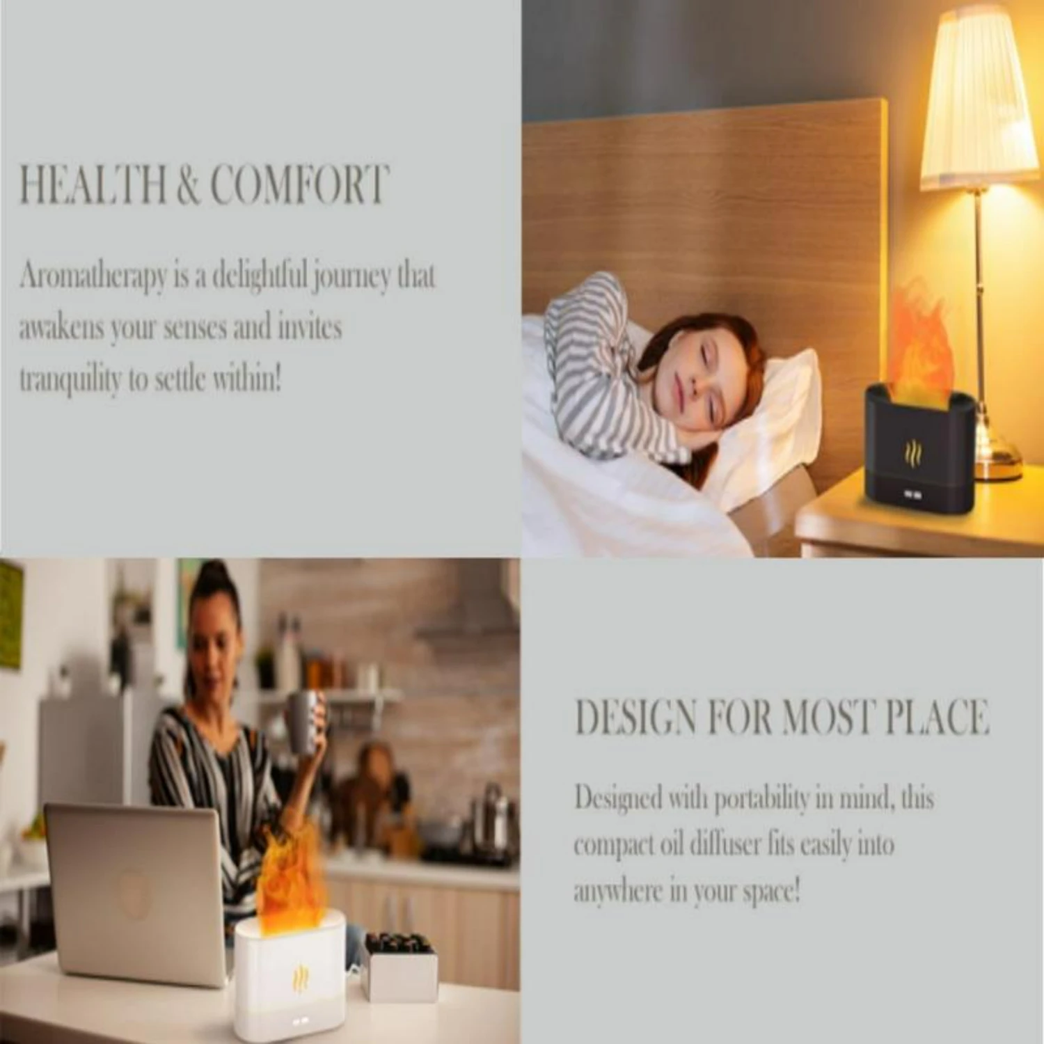 Тихий и спокойный воздушный диффузор с имитацией пламени мягким светом —