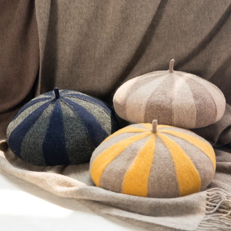 Женская шапка 100% шерсти берет вязаный твид контрастная полоса японский художник британский ретро осенне-зимние шляпы на.