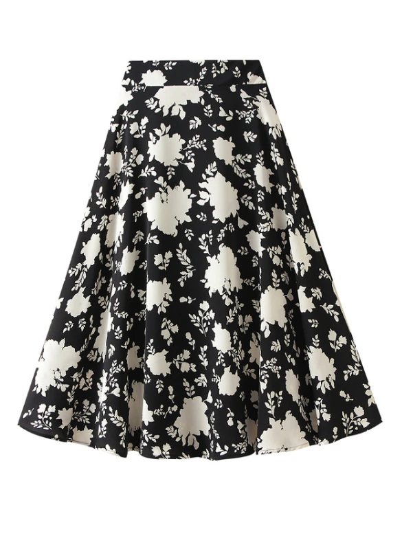 

2023 Spring and Summer French Floral Skirt for Women's Office A-line Skirts Ladies Casual Loose Slim Elastic Waist Midi Skirt