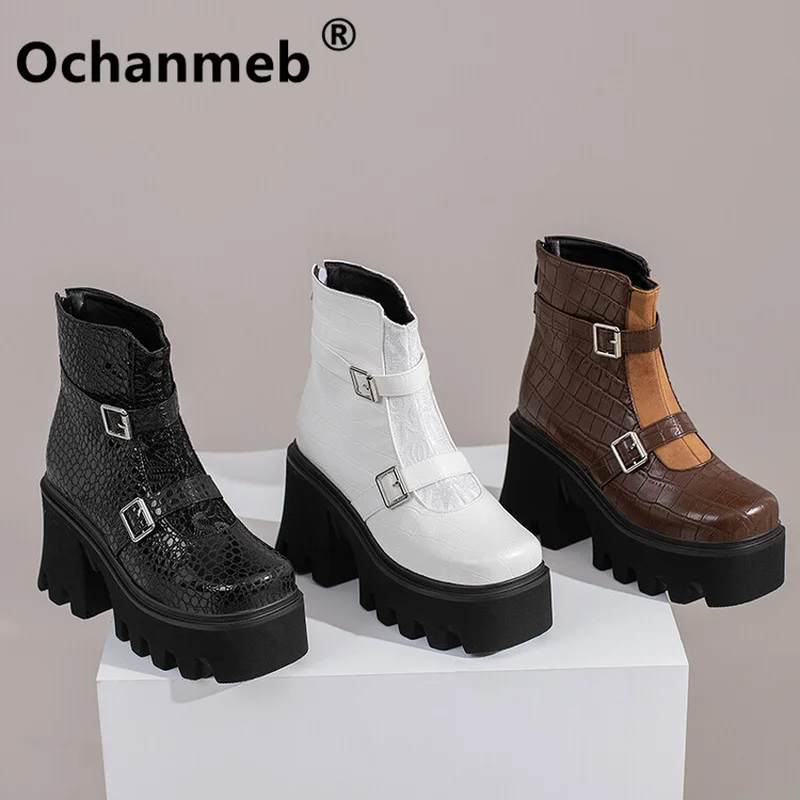 

Ochanmeb Women Crocodile-skin Goth Boots Chunky High Heels Thick Platform Square Toe Motorcycle Boots Double Buckle Shoes Winter