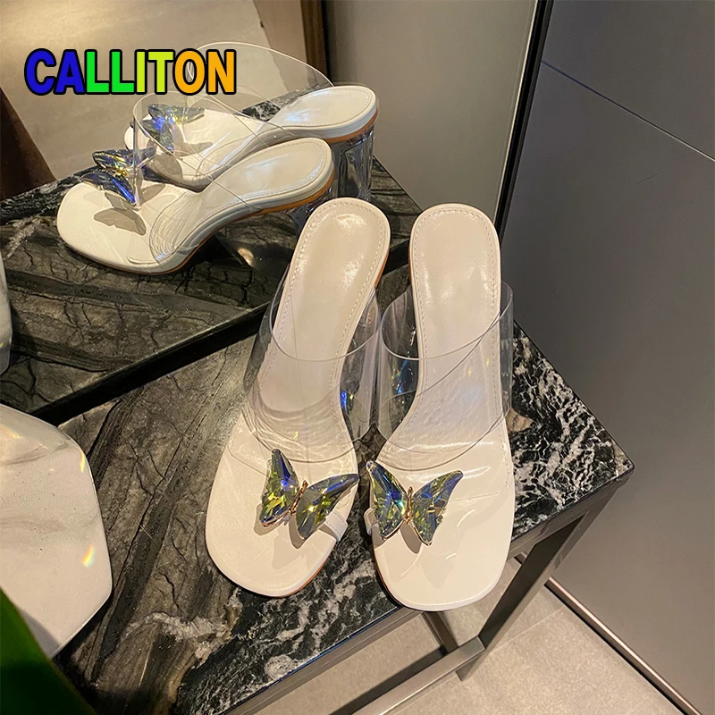 

Женские туфли, тапочки 2022, летние сандалии с кристаллами на каблуке, искусственная кожа, прозрачные стразы, Бабочка, массивный каблук, модны...