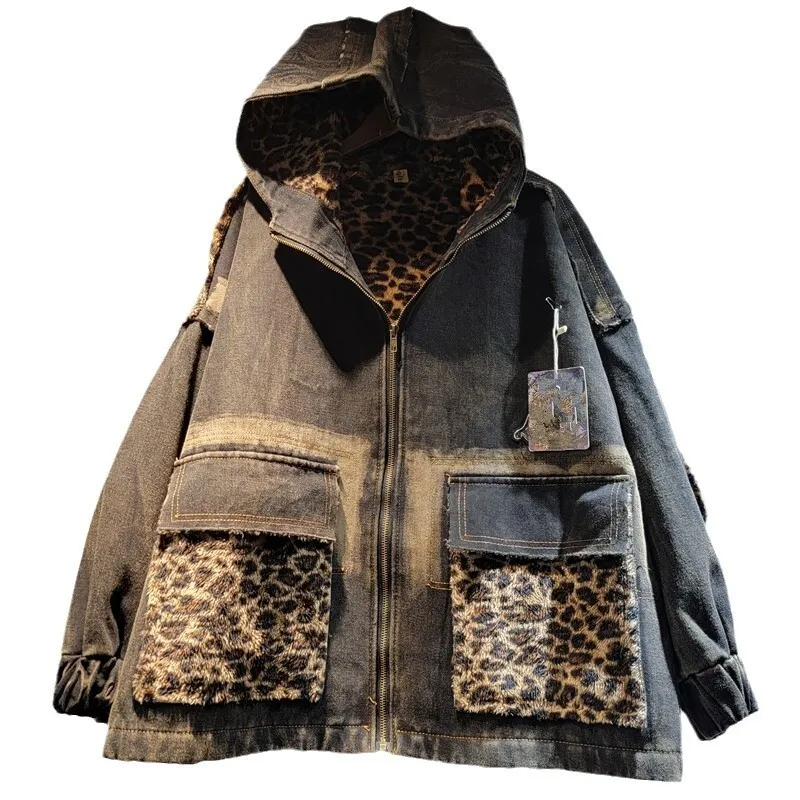 WTHT модное новое женское джинсовое хлопковое пальто с леопардовым принтом 2024