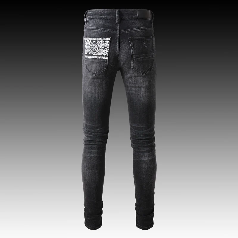 Streetwear Fashion Men Jeans Retro Black Gray Elastic Slim Fit Ripped Jeans Men Patch Designer Brand Hip Hop Denim Pants Hombre