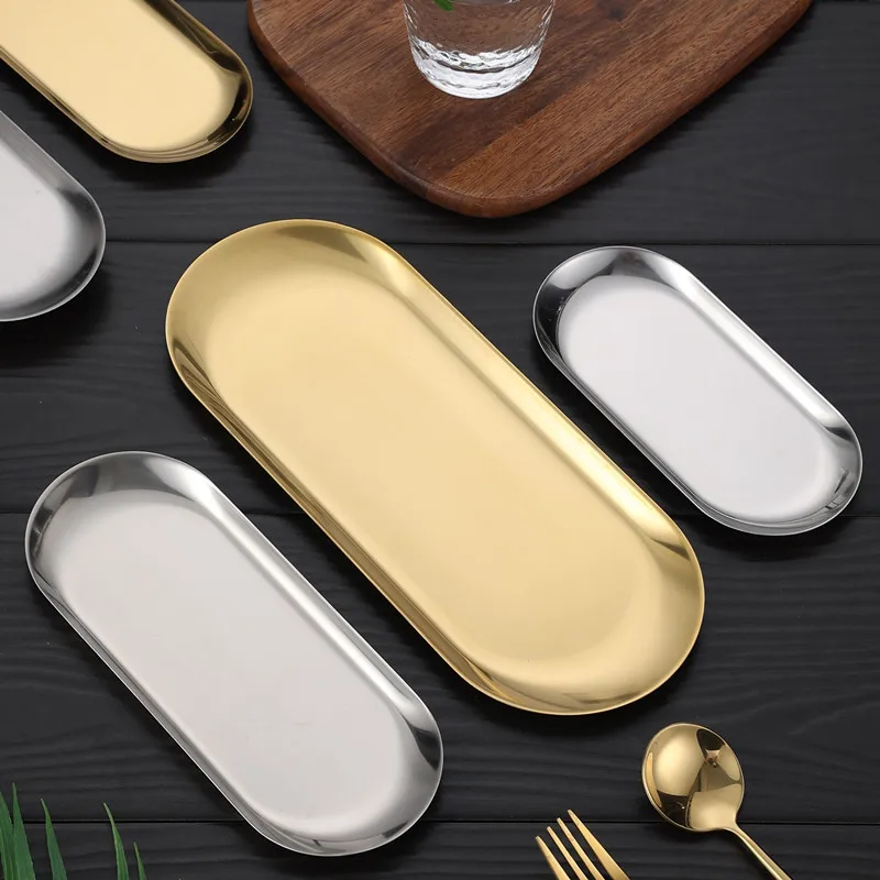 

Nordic Style Gold Silver Stainless Steel Dessert Dining Plate Nut Cake Fruit Plate Towel Tray Snack Western Steak Kitchen Plate