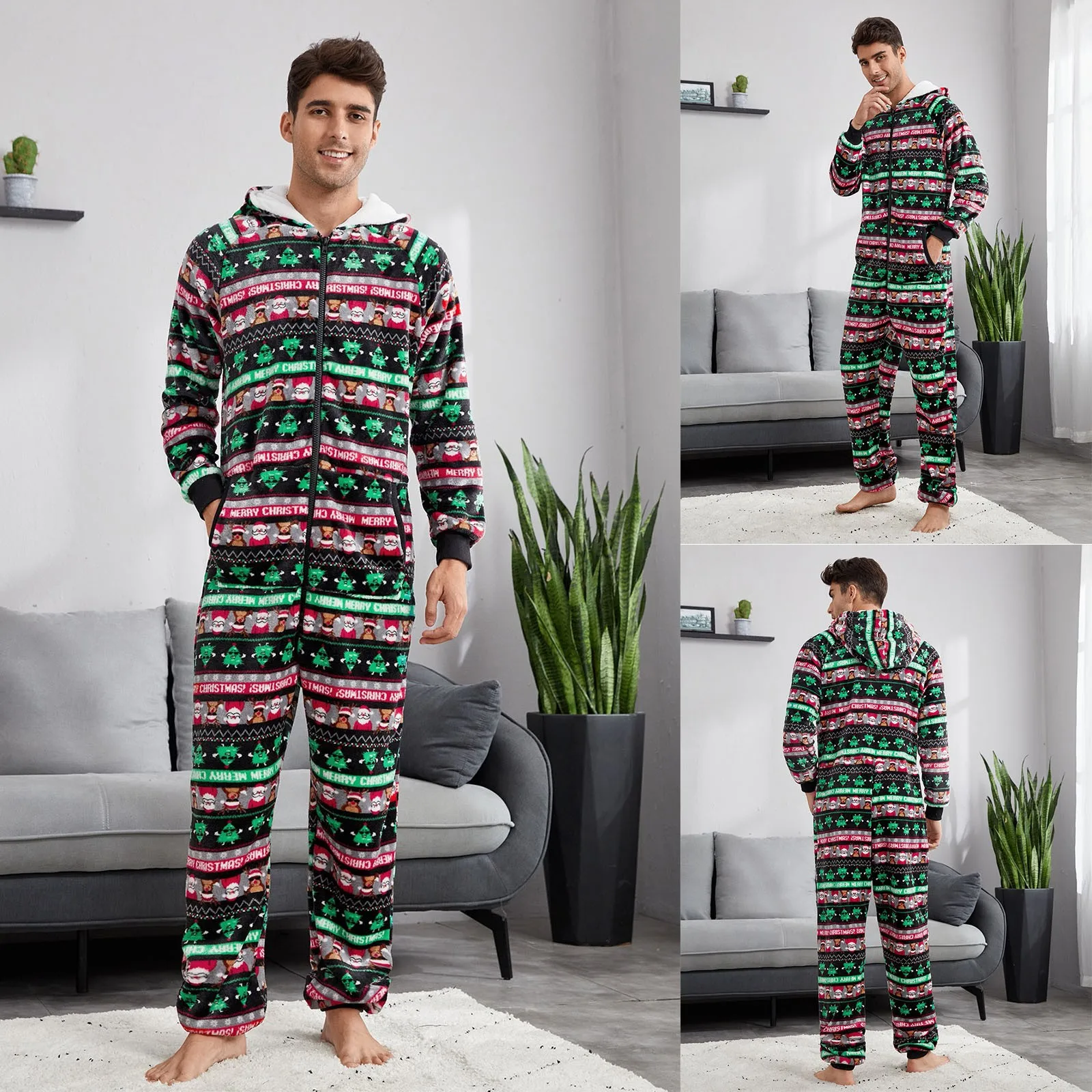 

Male Autumn And Winter Leisure Travel Print Loose Long Sleeved Warm Pajamas Home Clothes With Pockets Loungewear Memory Slipper