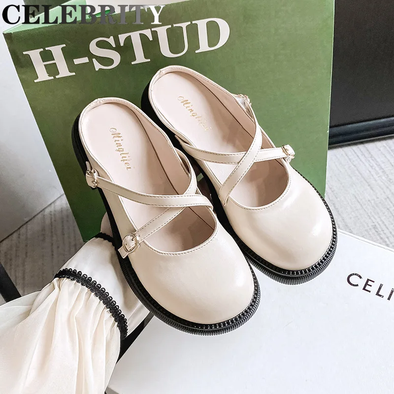 

The new summer 2022 low-heeled half-toe slippers Fashion house designed casual black round head women's Muller leather shoes