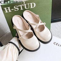 the new summer 2022 low heeled half toe slippers fashion house designed casual black round head womens muller leather shoes