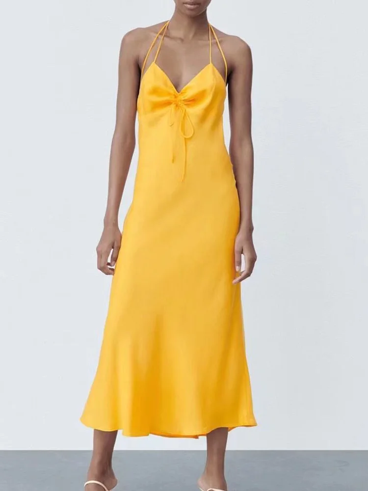 

Женское атласное платье на бретельках Kumsvag, элегантное однотонное платье без рукавов с открытой спиной и бантом, одежда для вечерние на лето...