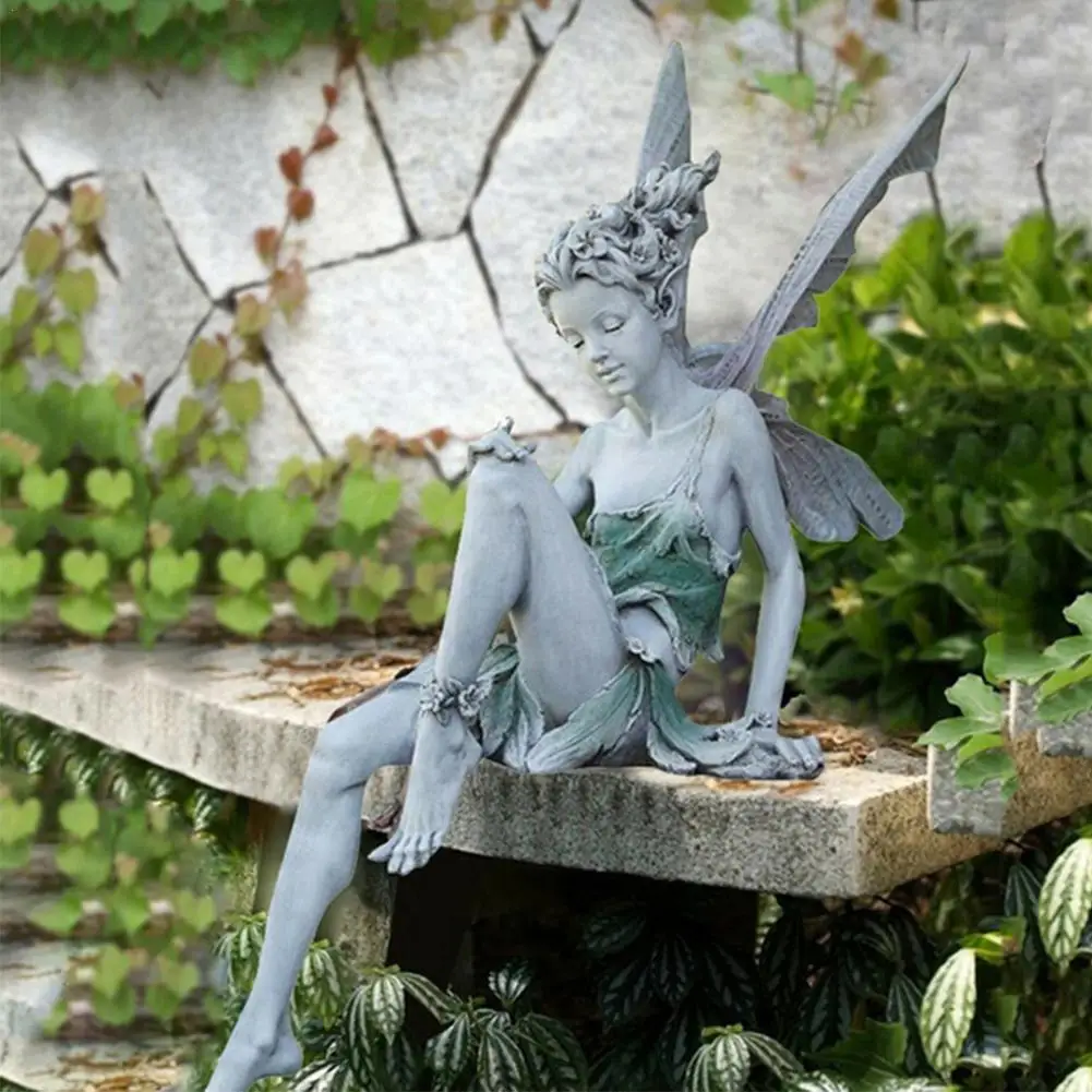 Flower Fairy Sculpture Garden Landscaping Yard Art Sitting Turek Figurines Craft Statue Angel Outdoor Ornament Decoration R P1X7