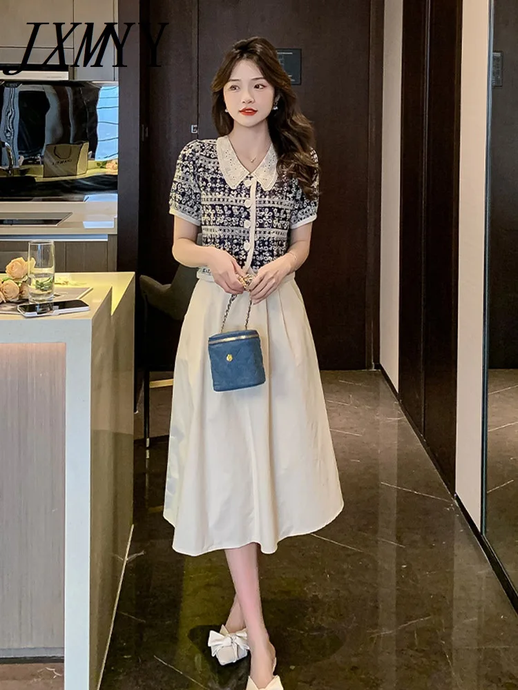 

JXMYY 2022 летний модный новый кружевной вышитый ажурный дизайн рубашка с коротким рукавом воротник топ + тонкая юбка с высокой талией комплект ...