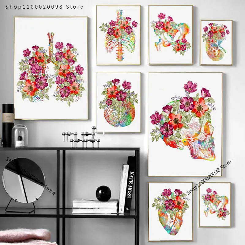 Цветок мозг Сердце Череп почки скелет анатомия постеры печатная Картина на