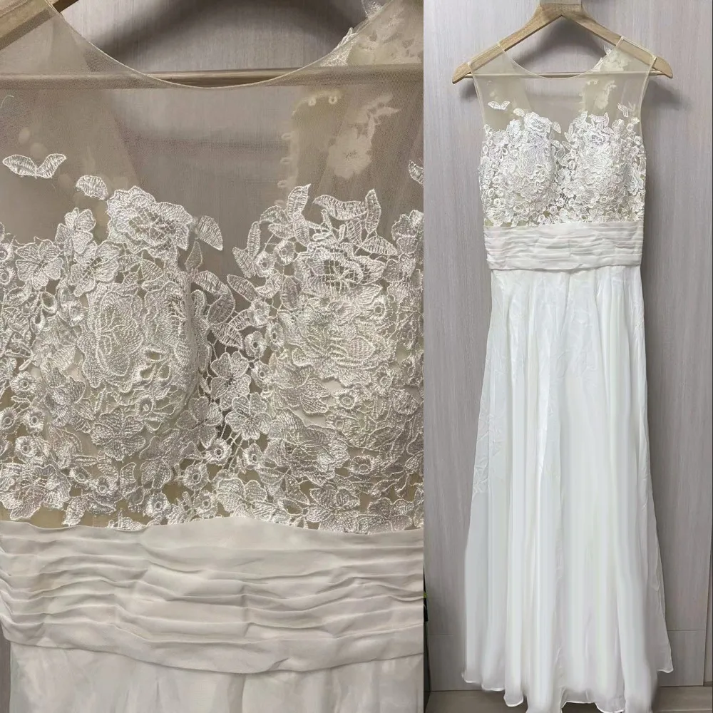 

Simple A Line Wedding Dresses Jewel Neck Summer Beach Lace Appliques Illusion Chiffon robe de mariage Bridal Gowns Vestidos