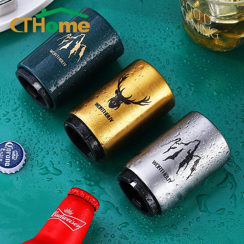 NEW Sika Deer Stainless Steel Automatic Beer Bottle Opener Various Patterns Magnet Beer Opener Party Automatic Press Corkscrew