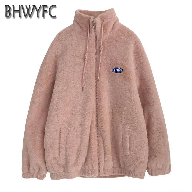 BHWYFC Autumn Winter Lamb Faux Fur Women's Coat Warm Cotton Jacket Zipper Pocket Loose Solid Color Fleece Women Jacket
