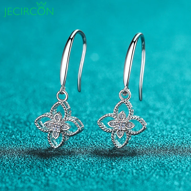 

JECIRCON 925 Sterling Silver Earring for Women Simple 0.08 Carat Moissanite Flower Ear Pendants pt950 Gold Plated Fine Jewelry
