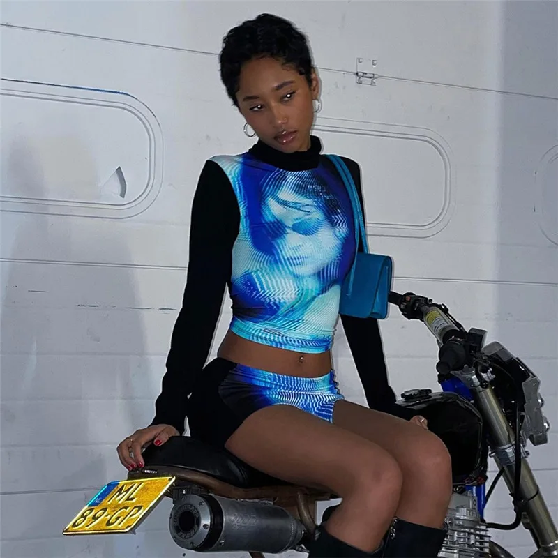 

Sexy Women Dress Slim Printed High-neck Two-piece Skirt Long-sleeved Split Bag Hip Autumn Nightclub Short Dress