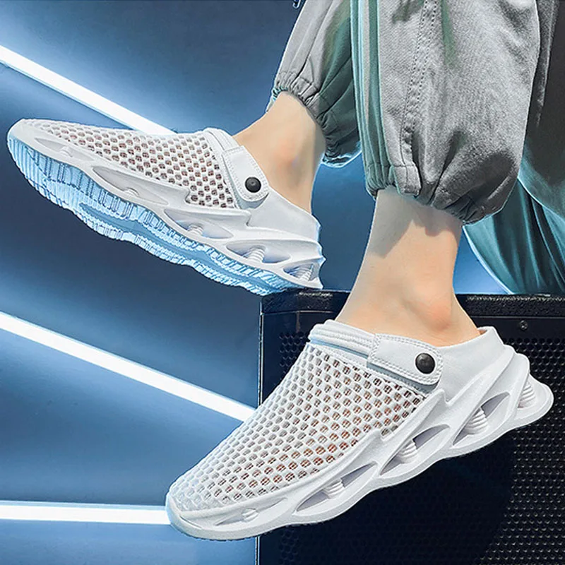 

2023 New Men's Sneakers Summer Slides Breathable Knitted Mesh Slippers Two Ways Wear Casual Shoes Daily Outdoor Leisure Sandals