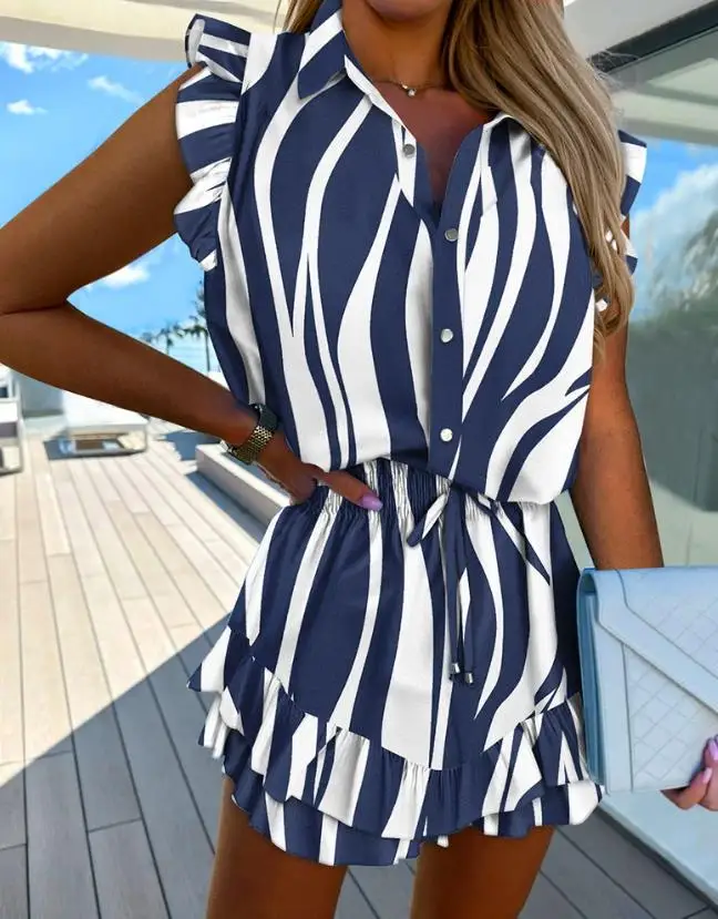 

Daily Women's Two Piece Casual and Comfortable Striped Flutter Sleeves Buttoned Shirt&ruffles Skorts Set 2023 New Fashion Ottd