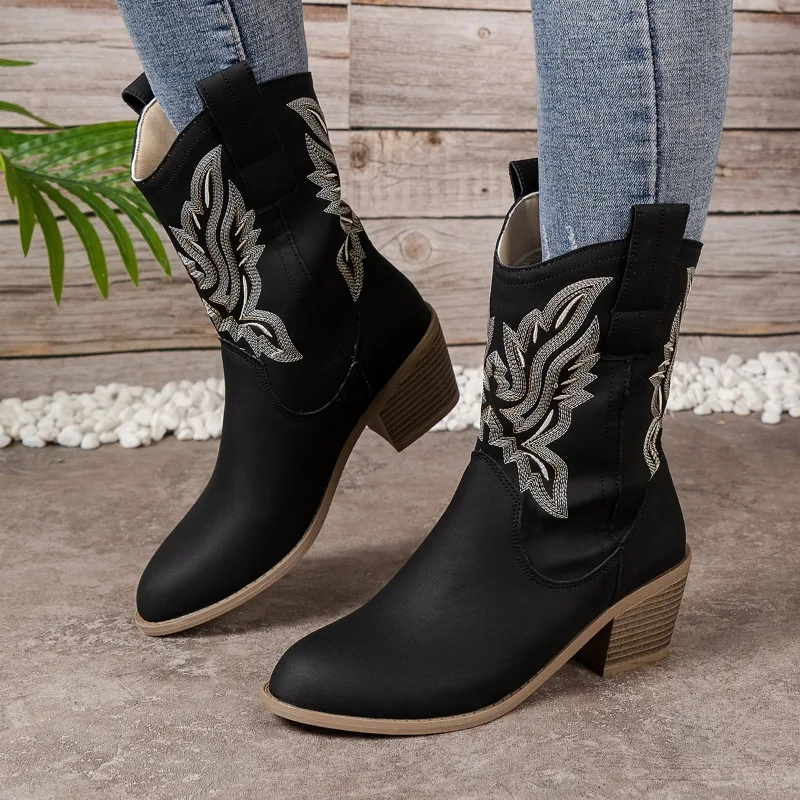 

2023 Hot Sale Shoes for Women Slip on Women's Boots Autumn Pointed Toe Solid Concise Mid-Calf Chunky Heels Roman Mid Calf Boots