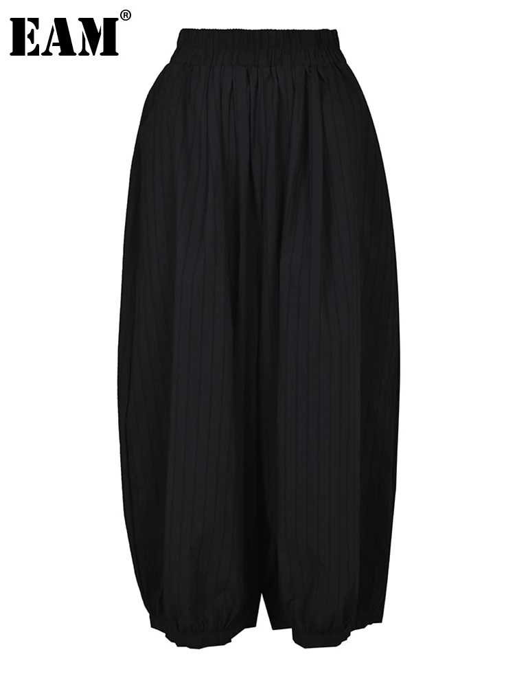 

[EAM] High Elastic Wais Striped Black Wide Leg Pants New Loose Fit Trousers Women Fashion Tide Spring Autumn 2023 1DF822101