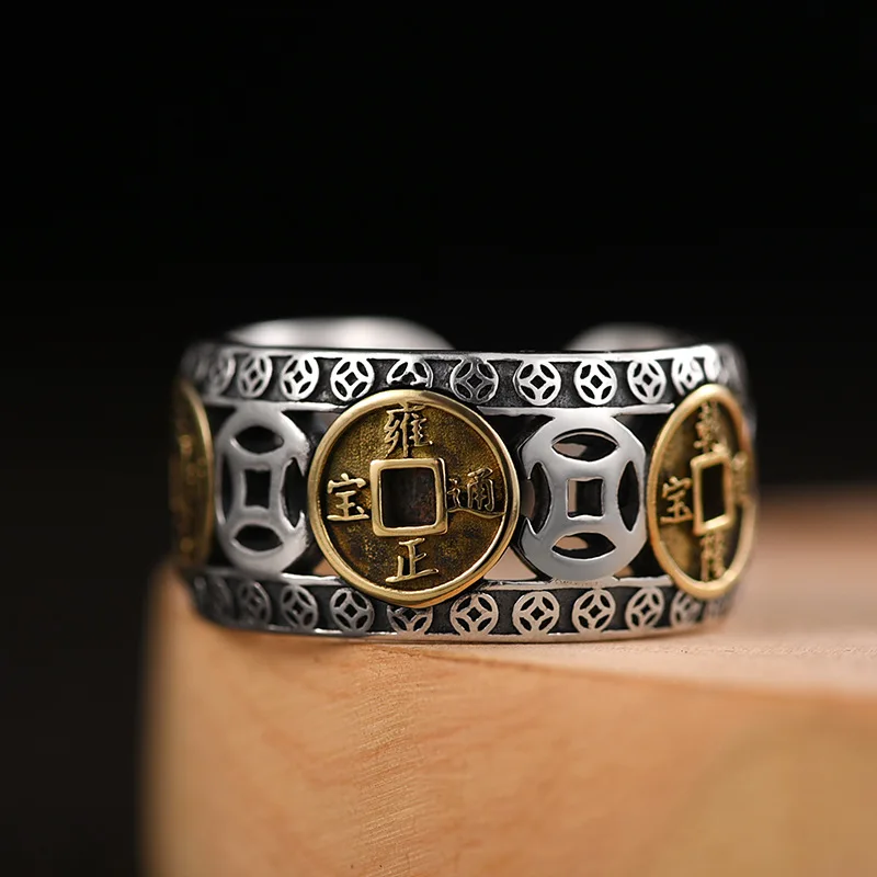 

Vintage Silver Color Five Emperors Money Coin Adjustable Ring for Men Women Ethnic Style Finger Ring Antique Jewelry Accessories