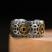 vintage silver color five emperors money coin adjustable ring for men women ethnic style finger ring antique jewelry accessories