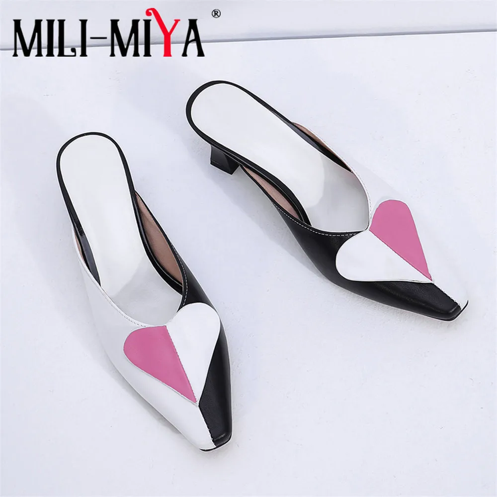 

MILI-MIYA New Arrival Mixed Color Women Cow Leather Sandals Heart Decoration Pointed Toe Thick Heels Casual Street Shoes