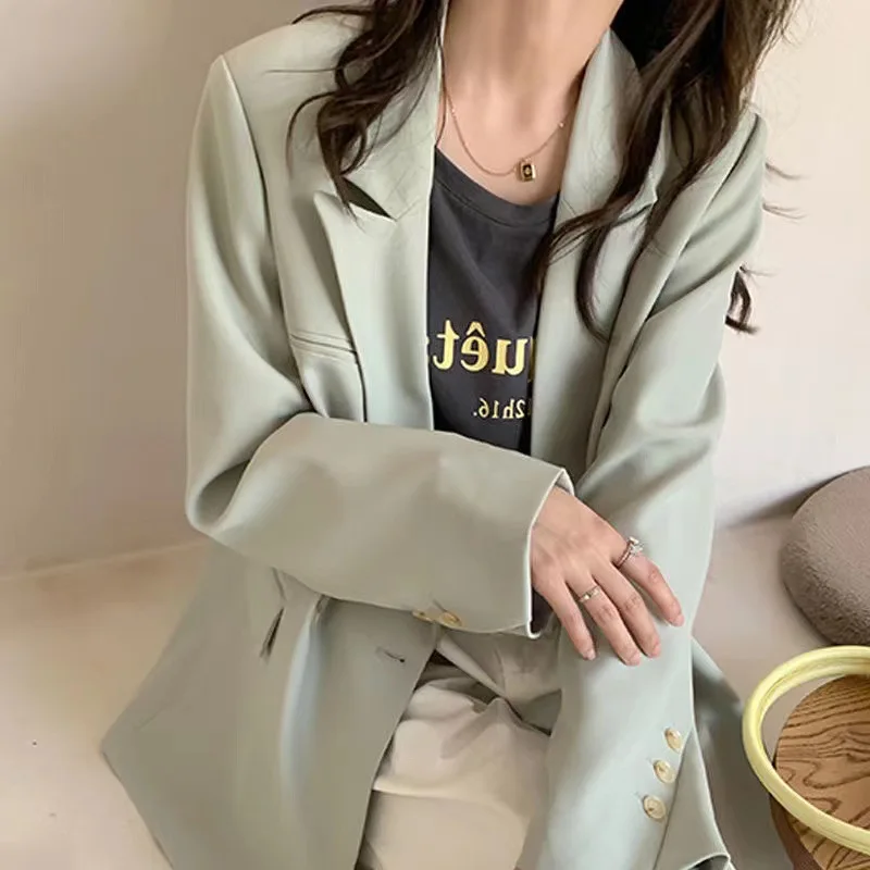2022 Korea Women Chic Office Lady Double Breasted Blazer Vintage Green Coat Fashion Notched Collar Long Sleeve Ladies Outerwear