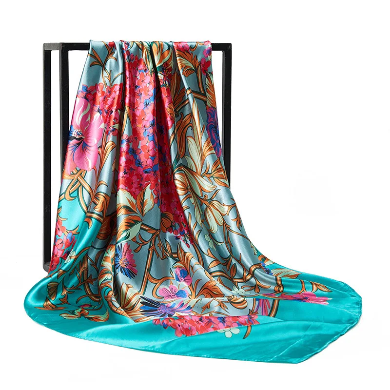 

2023 New Popular Sunscreen Shawls Fashion Flower 90X90CM Satin Headcloth Luxury Square Big Kerchief Four Seasons Silk Scarves