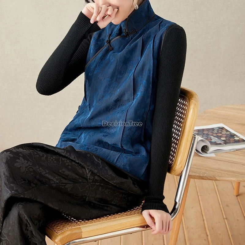 2024 новый китайский мягкий жилет без рукавов в стиле ретро с воротником-стойкой