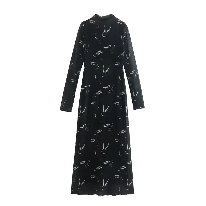 

Новинка 2023, женское пикантное модное облегающее Сетчатое платье с воротником-стойкой и длинными рукавами и принтом на раннюю весну