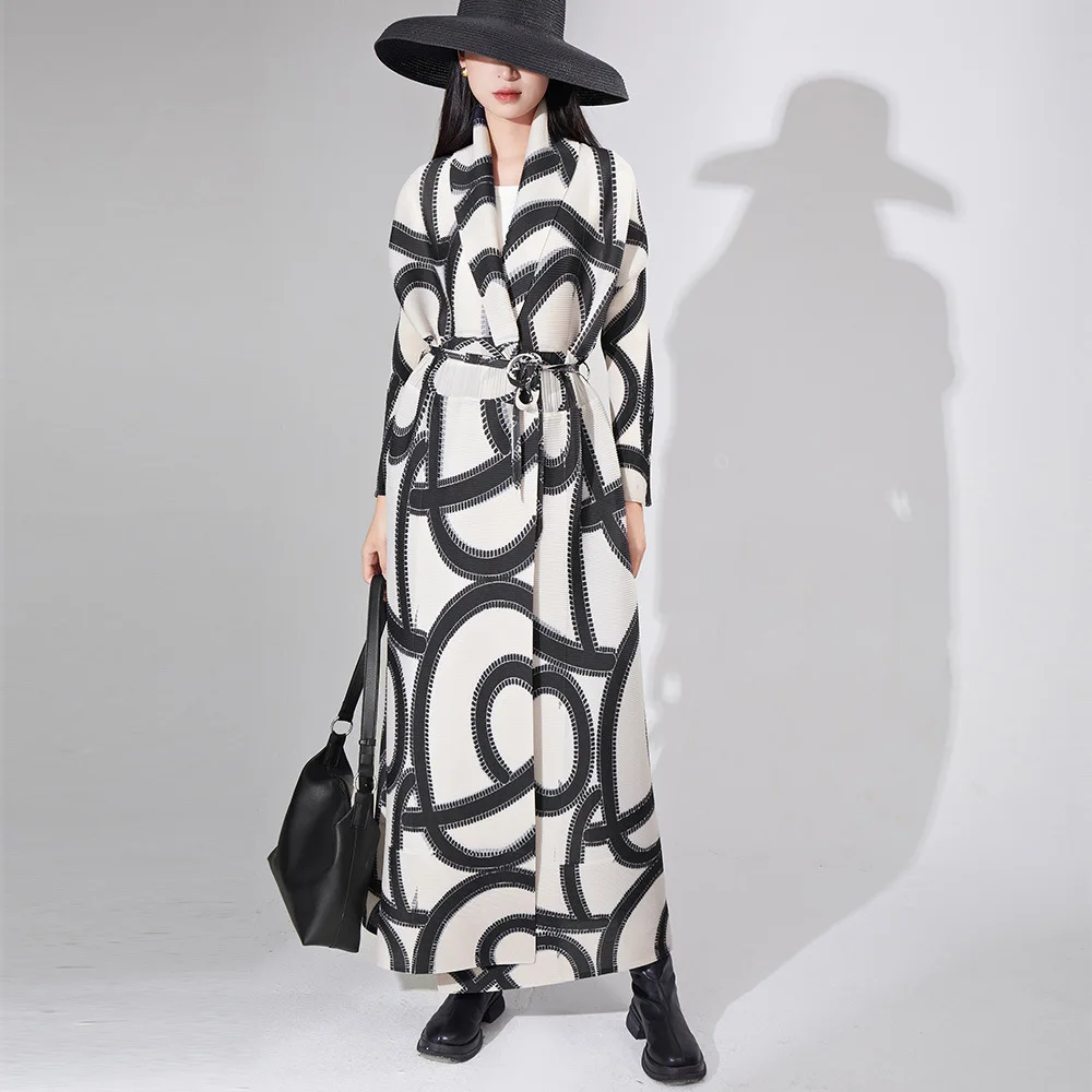 

Женское длинное плиссированное пальто, свободное осеннее пальто с принтом, шнуровкой и лацканами