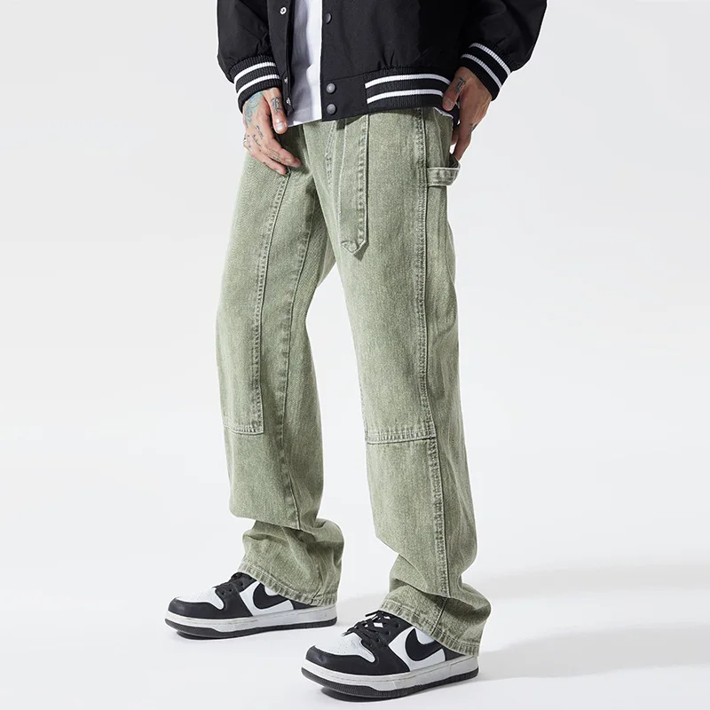 Four Seasons European and American Retro Jeans Men's Street Green Washed Distressed Loose Design Straight Leg Pants Ins Hot Sale