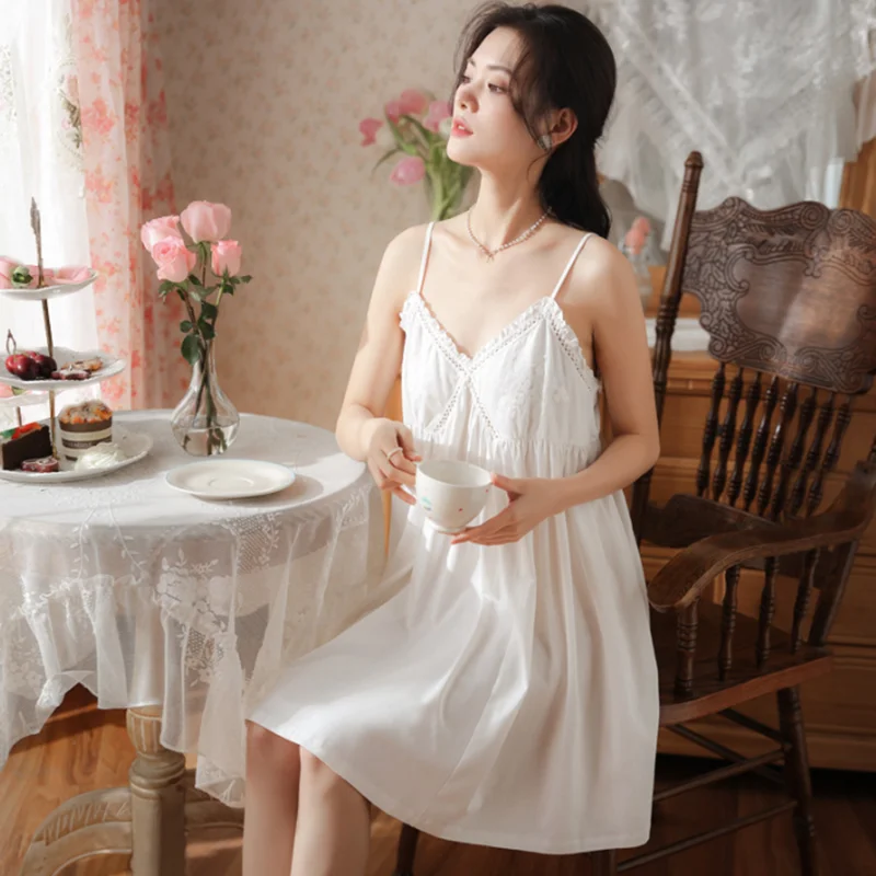 

Sling cotton summer women's nightdress palace style princess sweet lace sexy mid-length pajamas wear embroidered home clothes
